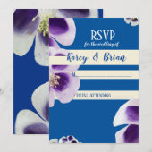 Elegant Blauw Bloemen RSVP Fotokaart, Script Kaart (Voorkant / Achterkant)