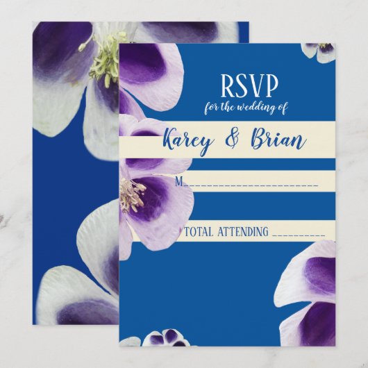 Elegant Blauw Bloemen RSVP Fotokaart, Script Kaart (Voorkant / Achterkant)