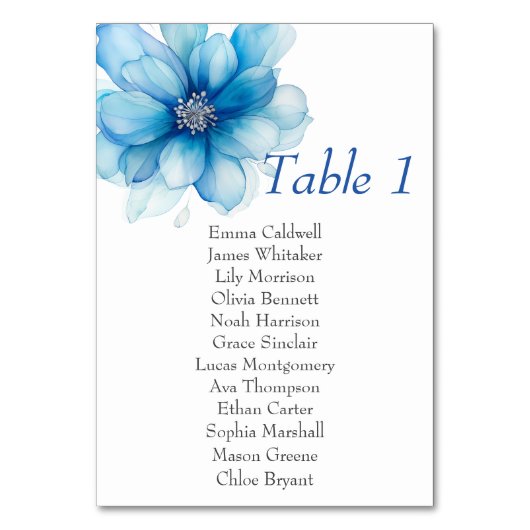 Elegant Blauw Bloemen Tafel Nummer Teken Kaart (Voorkant)