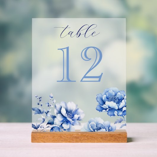 Elegant Blauw Bloemen Tafelnummer Acryl Bord (Neutraal)