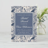 Elegant Blauw Bloemen Toile Fleurie Bridal Brunch Kaart (Staand voorkant)