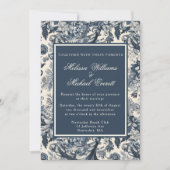 Elegant  Blauw Bloemen Toile Fleurie Bruiloft Kaart (Voorkant)