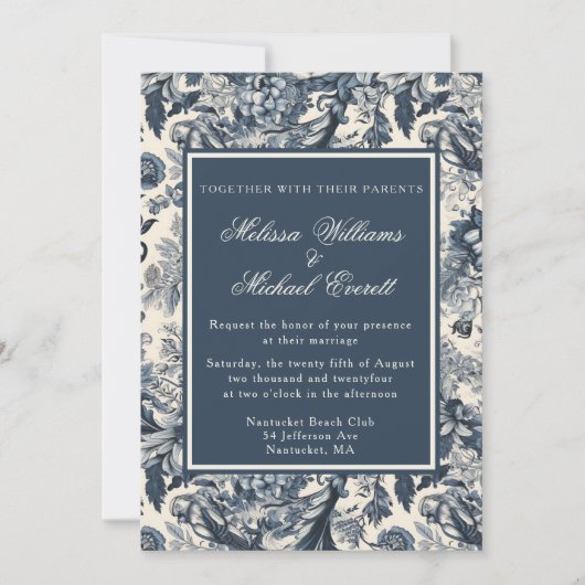 Elegant  Blauw Bloemen Toile Fleurie Bruiloft Kaart (Voorkant)