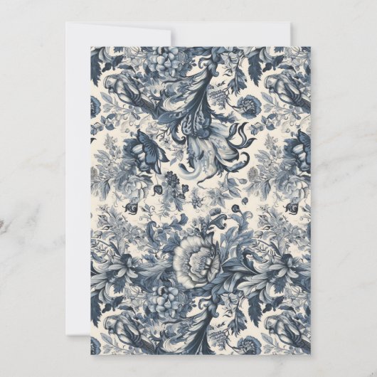 Elegant Blauw Bloemen Toile Fleurie Bruiloft Kaart (Achterkant)