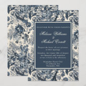 Elegant  Blauw Bloemen Toile Fleurie Bruiloft Kaart (Voorkant / Achterkant)
