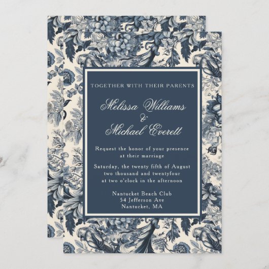 Elegant Blauw Bloemen Toile Fleurie Bruiloft Kaart (Voorkant / Achterkant)