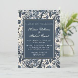 Elegant Blauw Bloemen Toile Fleurie Bruiloft Kaart