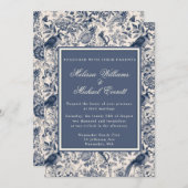 Elegant  Blauw Bloemen Toile Fleurie Bruiloft Kaart (Voorkant / Achterkant)