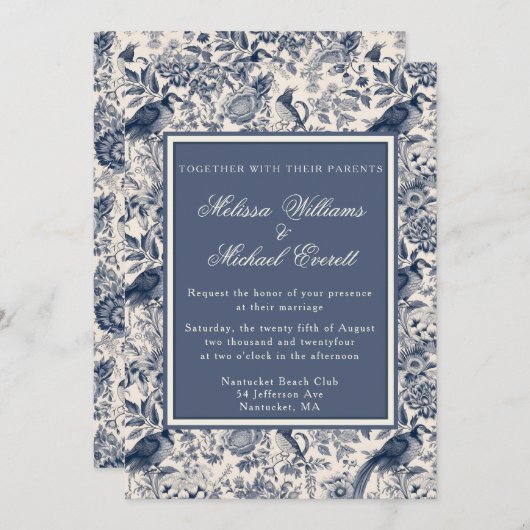 Elegant  Blauw Bloemen Toile Fleurie Bruiloft Kaart (Voorkant / Achterkant)