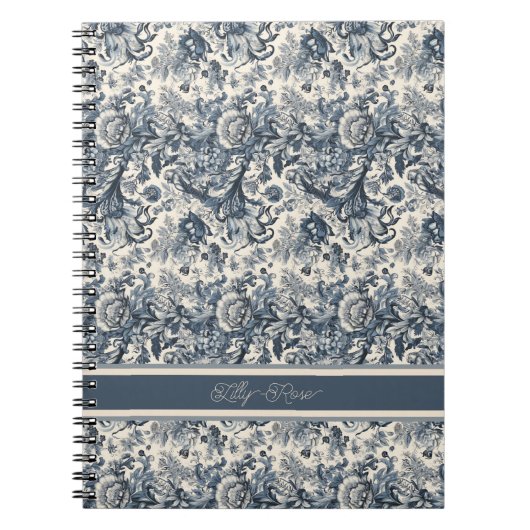 Elegant Blauw Bloemen Toile Fleurie Notitieboek (Voorkant)