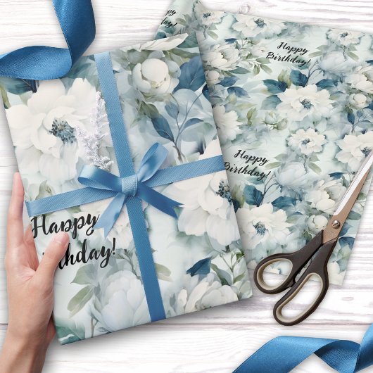 Elegant Blauw  Bloemen Verjaardag Cadeaupapier