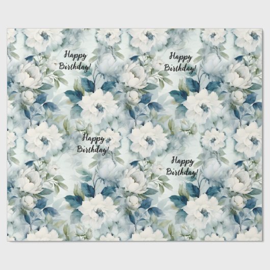 Elegant Blauw Bloemen Verjaardag Cadeaupapier (Vlak)