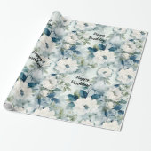 Elegant Blauw  Bloemen Verjaardag Cadeaupapier (Uitgerold)