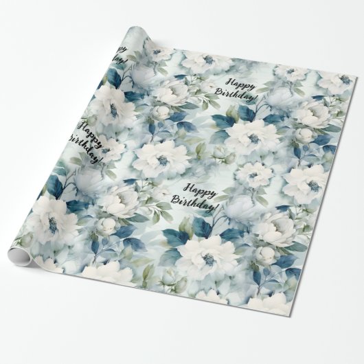 Elegant Blauw Bloemen Verjaardag Cadeaupapier (Uitgerold)