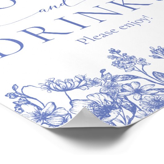 Elegant  Blauw Bloemen Voedsel en Drinken Teken Poster (Hoek)