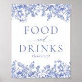 Elegant  Blauw Bloemen Voedsel en Drinken Teken Poster (Voorkant)