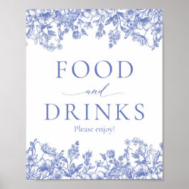 Elegant  Blauw Bloemen Voedsel en Drinken Teken Poster