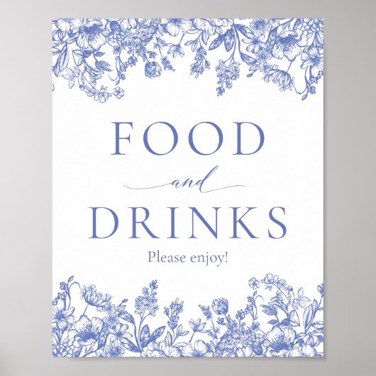 Elegant  Blauw Bloemen Voedsel en Drinken Teken Poster (Voorkant)