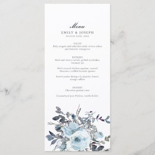 Elegant Blauw Bloemen Waterverf Bruiloft Menu (Voorkant)