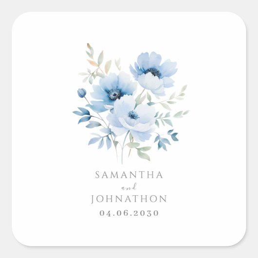 Elegant Blauw Bloemen Waterverf Bruiloft Vierkante Sticker (Voorkant)