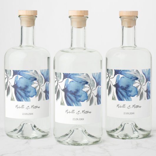 Elegant Blauw Bloemen Waterverf Gepersonaliseerd Likeurfles Etiket (Flessen)