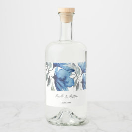 Elegant Blauw Bloemen Waterverf Gepersonaliseerd Likeurfles Etiket