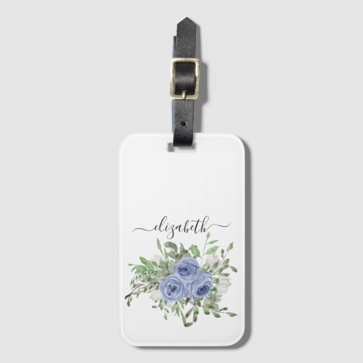Elegant Blauw Bloemen Waterverf Girly Script Naam Bagagelabel (Voorkant (verticaal))