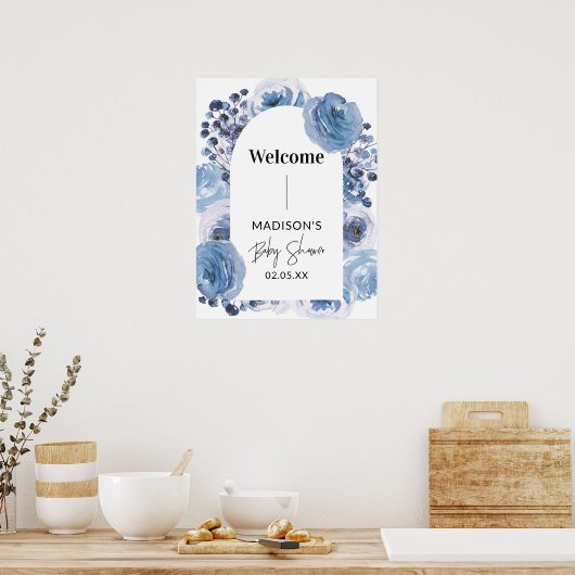 Elegant Blauw Bloemen Welkomstbord Baby shower Poster (Keuken)