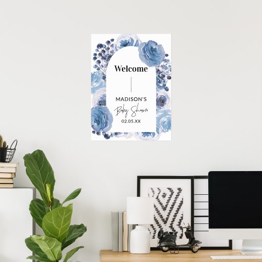 Elegant Blauw Bloemen Welkomstbord Baby shower Poster (Thuiskantoor)