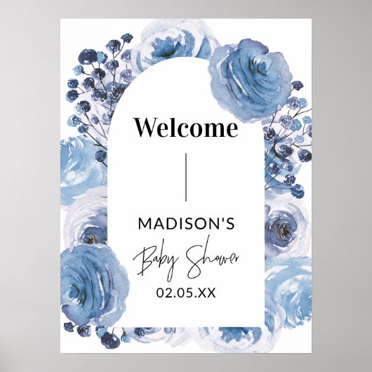 Elegant Blauw Bloemen Welkomstbord Baby shower Poster (Voorkant)