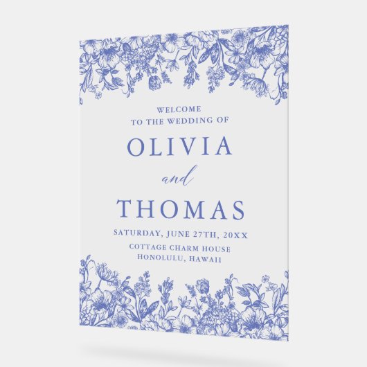 Elegant Blauw  Bloemen Wildbloem Bruiloft Acryl Bord (Hoek)