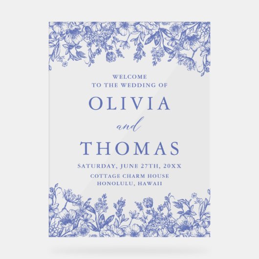 Elegant Blauw  Bloemen Wildbloem Bruiloft Acryl Bord (Voorkant)