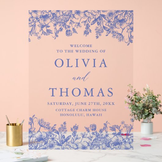 Elegant Blauw  Bloemen Wildbloem Bruiloft Acryl Bord (Huwelijk)