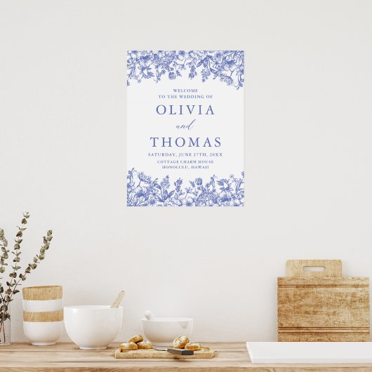 Elegant Blauw  Bloemen Wildbloem Bruiloft Poster (Keuken)