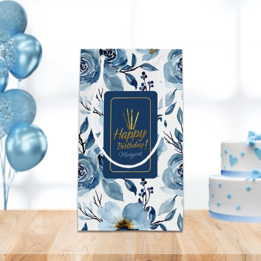 Elegant Blauw Bloemen Wit Gelukkige Verjaardagsnaa Klein Cadeauzakje