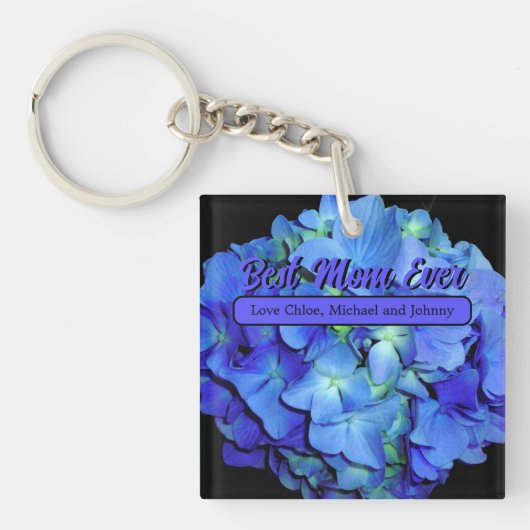 Elegant blauw bloemenblauw rozen blauw hortensia's sleutelhanger (Voorkant)