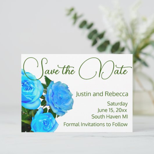 Elegant blauw bloemenblauw rozen blauw save the date (Staand voorkant)