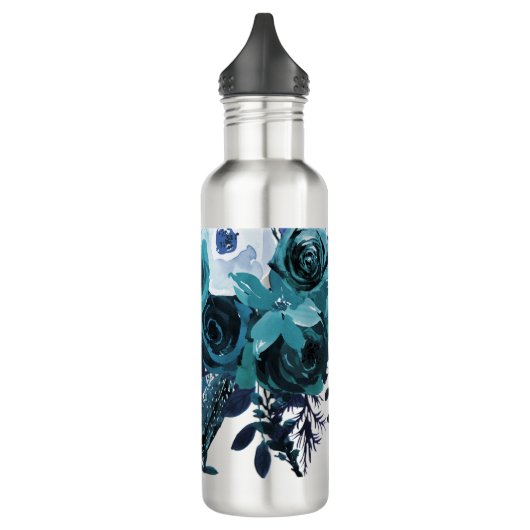 Elegant blauw bloemenboeket met naam waterfles  (Links)