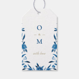 Elegant blauw bloemenChinoiserie Bruiloft monogram Cadeaulabel