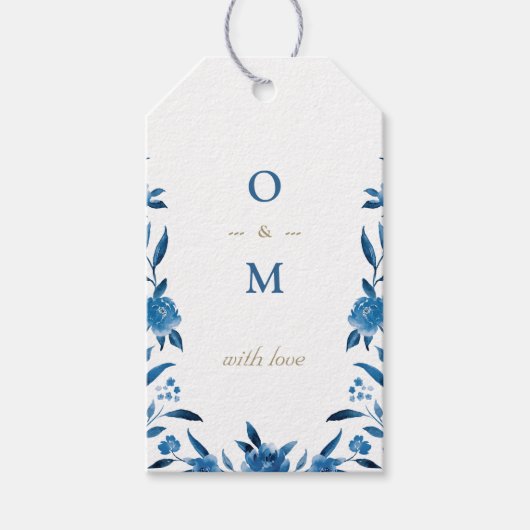 Elegant blauw bloemenChinoiserie Bruiloft monogram Cadeaulabel (Voorkant)