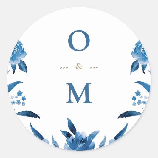 Elegant blauw bloemenChinoiserie Bruiloft monogram Ronde Sticker (Voorkant)