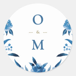 Elegant blauw bloemenChinoiserie Bruiloft monogram Ronde Sticker