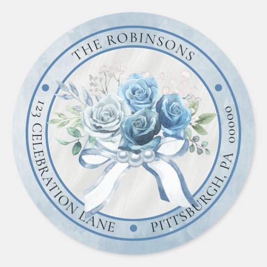 Elegant Blauw Bloemencirkel retouradres Ronde Sticker (Voorkant)