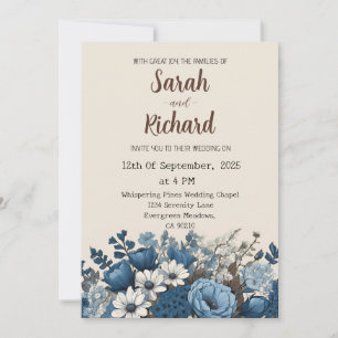 Elegant blauw bloemendesign met crèmekleurige acht kaart