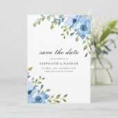 Elegant blauw bloemengroen save the date (Staand voorkant)