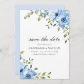 Elegant blauw bloemengroen save the date (Voorkant / Achterkant)