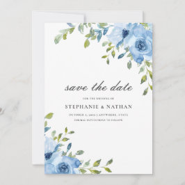 Elegant blauw bloemengroen save the date