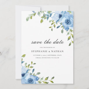 Elegant blauw bloemengroen save the date