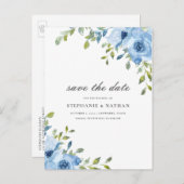 Elegant Blauw Bloemengroen Sla de datum op Aankondigingskaart (Voorkant / Achterkant)