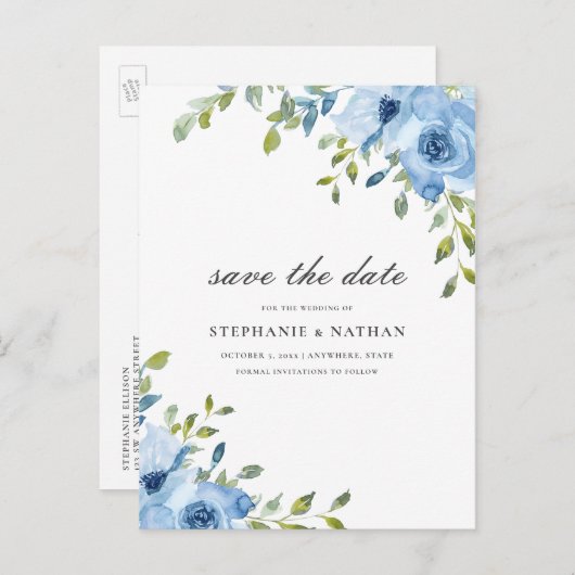 Elegant Blauw Bloemengroen Sla de datum op Aankondigingskaart (Voorkant / Achterkant)